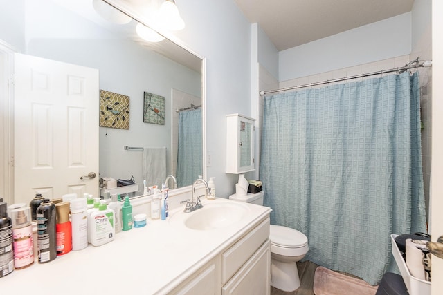 8114 Rushing Stream Ct, Tomball, TX 77375 - full bathroom featuring vanity, curtained shower, and wood finished floors
