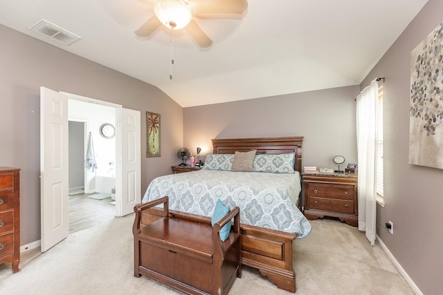 8114 Rushing Stream Ct, Tomball, TX 77375 - bedroom with vaulted ceiling, light carpet, ensuite bathroom, and a ceiling fan