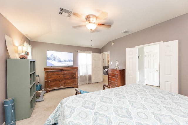 8114 Rushing Stream Ct, Tomball, TX 77375 - bedroom with light carpet, vaulted ceiling, and ceiling fan