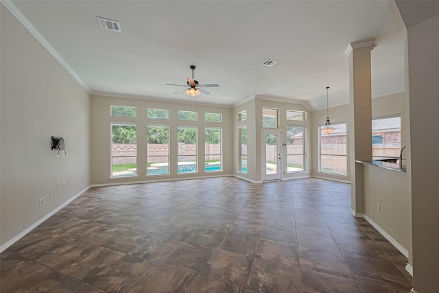 3631 Rocky Ledge Ln, Katy, TX 77494 - unfurnished living room featuring ornamental molding and a ceiling fan