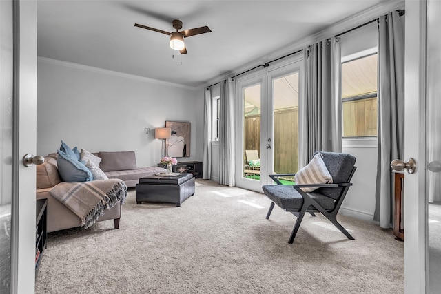 2206 Hilshire Glen Ct, Houston, TX 77080 - carpeted living room with french doors, crown molding, and ceiling fan