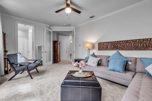 2206 Hilshire Glen Ct, Houston, TX 77080 - carpeted living room featuring ornamental molding and a ceiling fan