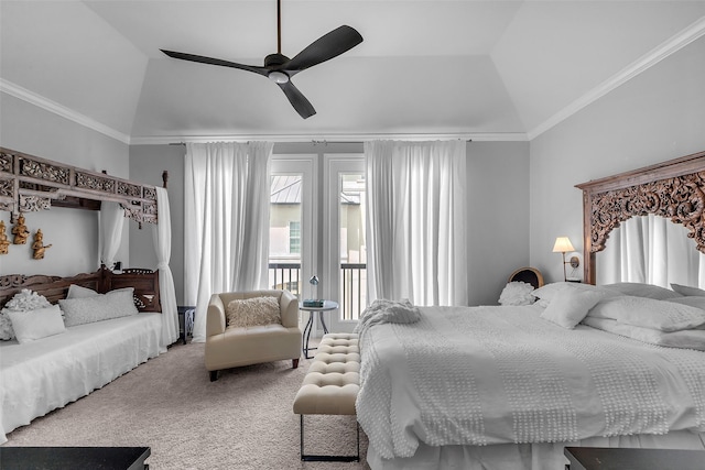 2206 Hilshire Glen Ct, Houston, TX 77080 - bedroom with access to outside, carpet floors, high vaulted ceiling, a ceiling fan, and ornamental molding