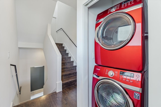 1728 Michigan St Unit C, Houston, TX 77006 - laundry room featuring stacked washer / dryer and wood finished floors