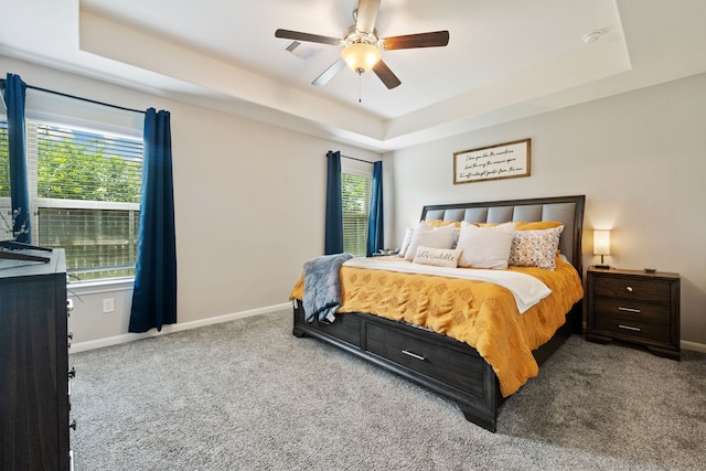 16863 Big Reed Dr, Humble, TX 77346 - carpeted bedroom with a raised ceiling, multiple windows, and a ceiling fan