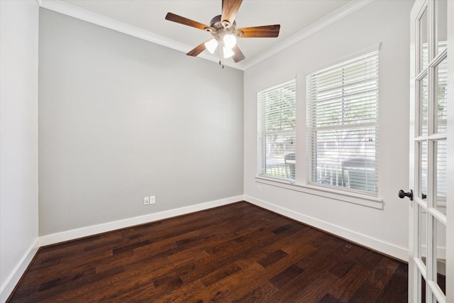 17011 Seminole Ridge Dr, Cypress, TX 77433 - unfurnished room featuring ornamental molding, dark wood-style flooring, and a ceiling fan