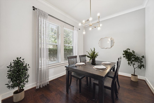 17011 Seminole Ridge Dr, Cypress, TX 77433 - dining room with crown molding, a chandelier, and dark wood-type flooring