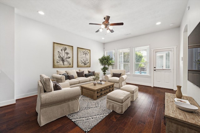 17011 Seminole Ridge Dr, Cypress, TX 77433 - living area with ceiling fan, dark wood-style flooring, and recessed lighting