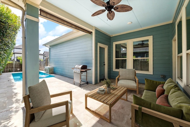 17011 Seminole Ridge Dr, Cypress, TX 77433 - view of patio / terrace with area for grilling, an outdoor hangout area, and a ceiling fan