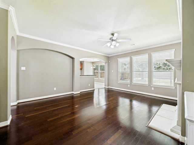 8122 Silver Lure Dr, Humble, TX 77346 - unfurnished living room with arched walkways, a ceiling fan, crown molding, and wood-type flooring