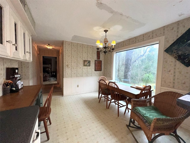 1115 Woodbank Dr, Seabrook, TX 77586 - dining area featuring wallpapered walls, a wainscoted wall, and a chandelier