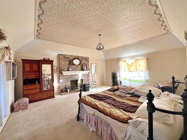 1115 Woodbank Dr, Seabrook, TX 77586 - bedroom featuring carpet flooring, a brick fireplace, and vaulted ceiling
