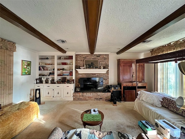 1115 Woodbank Dr, Seabrook, TX 77586 - living area with a textured ceiling, carpet, beam ceiling, and a brick fireplace
