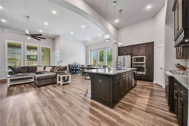4327 Sage Glen Ln, Fulshear, TX 77441 - kitchen featuring stainless steel appliances, a kitchen bar, open floor plan, high vaulted ceiling, and wood finished floors
