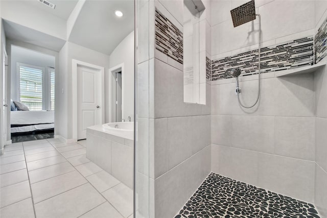 4327 Sage Glen Ln, Fulshear, TX 77441 - ensuite bathroom featuring a tile shower, a bath, tile patterned floors, and recessed lighting