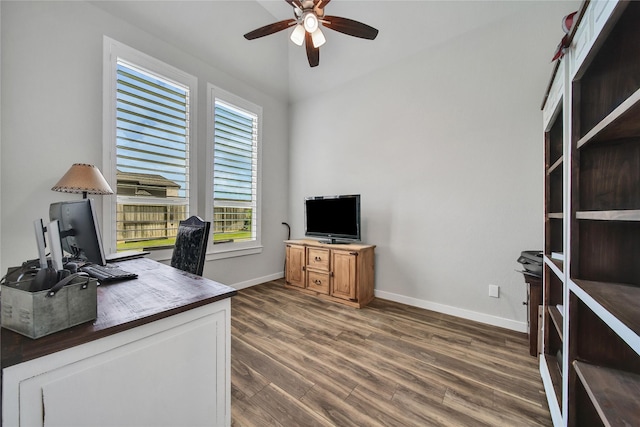 4327 Sage Glen Ln, Fulshear, TX 77441 - office area with ceiling fan and dark wood-type flooring