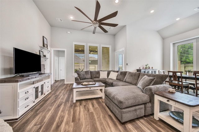 4327 Sage Glen Ln, Fulshear, TX 77441 - living room featuring a ceiling fan, wood finished floors, recessed lighting, and lofted ceiling