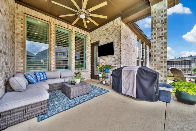 4327 Sage Glen Ln, Fulshear, TX 77441 - view of patio with a grill, an outdoor hangout area, and a ceiling fan