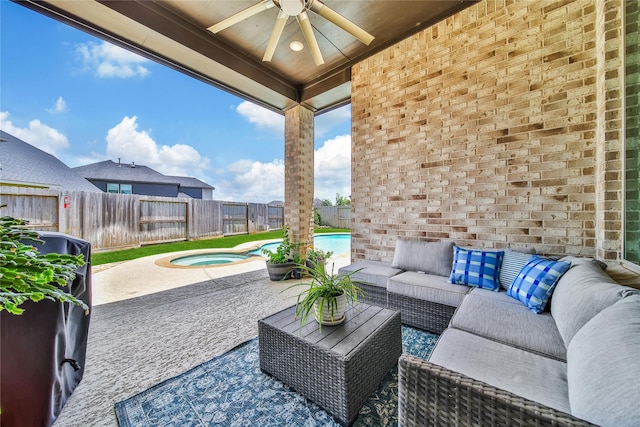 4327 Sage Glen Ln, Fulshear, TX 77441 - fenced backyard with a ceiling fan, an outdoor living space, a patio area, and an in-ground hot tub