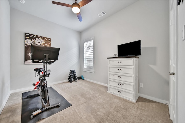 4327 Sage Glen Ln, Fulshear, TX 77441 - exercise area featuring a ceiling fan and light colored carpet