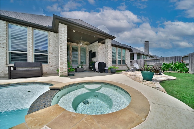 4327 Sage Glen Ln, Fulshear, TX 77441 - view of pool featuring a patio, a ceiling fan, a grill, and a pool with connected hot tub