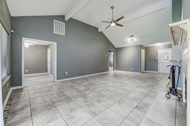 2710 Magnolia Ct, Stafford, TX 77477 - unfurnished living room with ceiling fan, beam ceiling, and high vaulted ceiling
