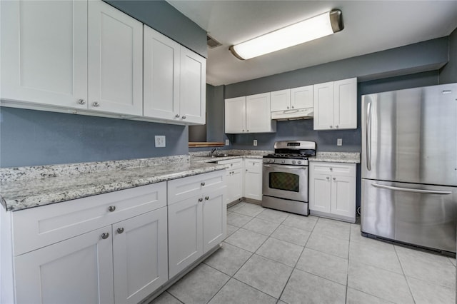 2710 Magnolia Ct, Stafford, TX 77477 - kitchen with appliances with stainless steel finishes, under cabinet range hood, white cabinetry, light tile patterned flooring, and light stone countertops