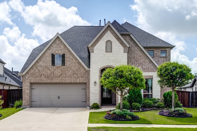 6907 Pondhawk Dr, Katy, TX 77493 - french country inspired facade featuring a shingled roof, brick siding, driveway, and stone siding
