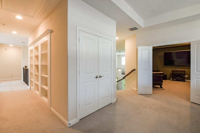 9411 Plaza Point Dr, Missouri City, TX 77459 - hallway featuring carpet, an upstairs landing, and recessed lighting