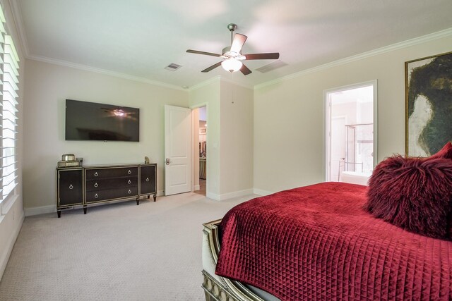 9411 Plaza Point Dr, Missouri City, TX 77459 - carpeted bedroom featuring crown molding, a ceiling fan, and ensuite bathroom