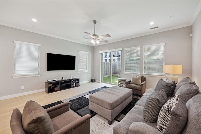 408 W Pierce St, Houston, TX 77019 - living room featuring ceiling fan, wood finished floors, crown molding, and recessed lighting