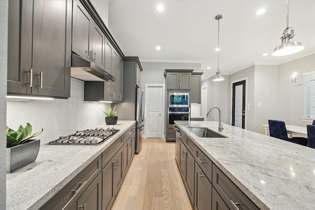 408 W Pierce St, Houston, TX 77019 - kitchen with stainless steel appliances, under cabinet range hood, light stone countertops, light wood-style flooring, and recessed lighting
