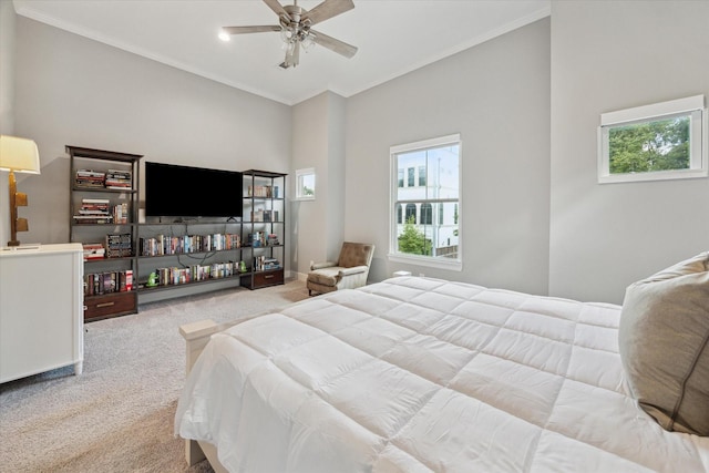 408 W Pierce St, Houston, TX 77019 - bedroom featuring carpet, multiple windows, crown molding, and a ceiling fan