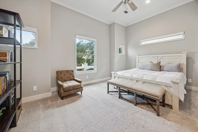 408 W Pierce St, Houston, TX 77019 - carpeted bedroom featuring multiple windows, ornamental molding, and ceiling fan
