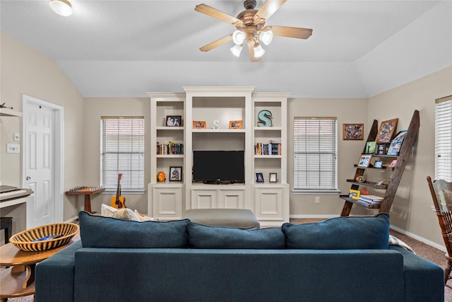 1011 Elm Pointe, League City, TX 77573 - living area with vaulted ceiling, ceiling fan, carpet flooring, and plenty of natural light