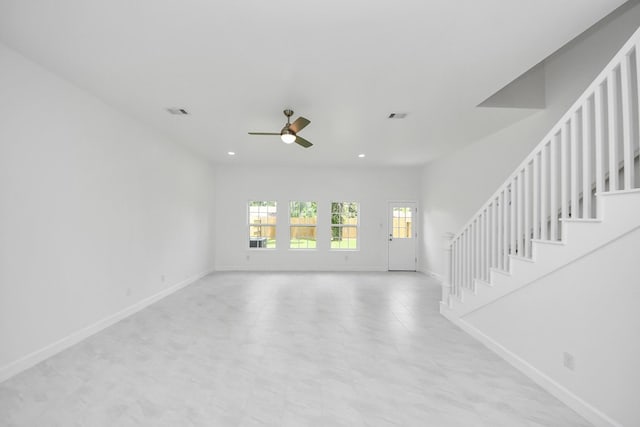 8159 Crestview Dr, Houston, TX 77028 - unfurnished living room with ceiling fan, stairway, and recessed lighting