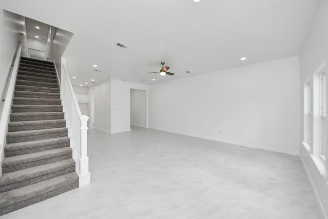 8159 Crestview Dr, Houston, TX 77028 - unfurnished living room with recessed lighting, a ceiling fan, and stairs