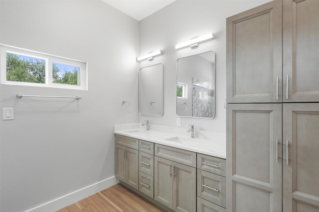 301 Knights Row, Horseshoe Bay, TX 78657 - bathroom featuring healthy amount of natural light, double vanity, and wood finished floors