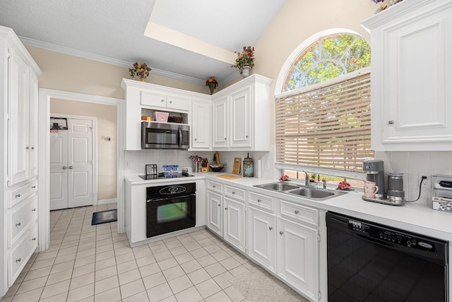 7202 N Fawn River Cir, Spring, TX 77379 - kitchen featuring black appliances, light tile patterned floors, white cabinets, light countertops, and decorative backsplash