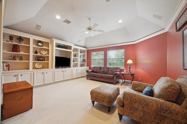 4519 Amble Oak Ct, Houston, TX 77059 - living area featuring ceiling fan, vaulted ceiling, carpet, a raised ceiling, and ornamental molding