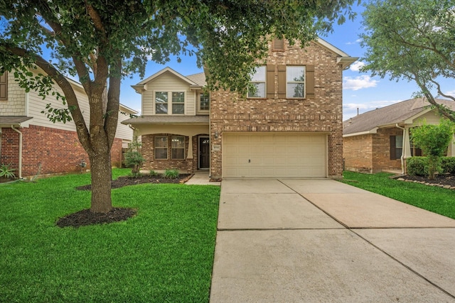 16546 Whitaker Creek Dr, Houston, TX 77095 - traditional-style house with brick siding, a garage, driveway, and a front yard