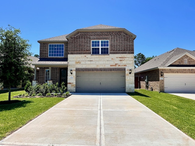 6151 White Spruce Dr, Conroe, TX 77304 - traditional-style home with stone siding, driveway, a front lawn, and a garage