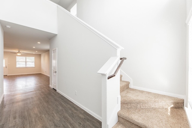 2931 Orchid Ranch Dr, Katy, TX 77494 - stairway featuring wood finished floors, a ceiling fan, and recessed lighting