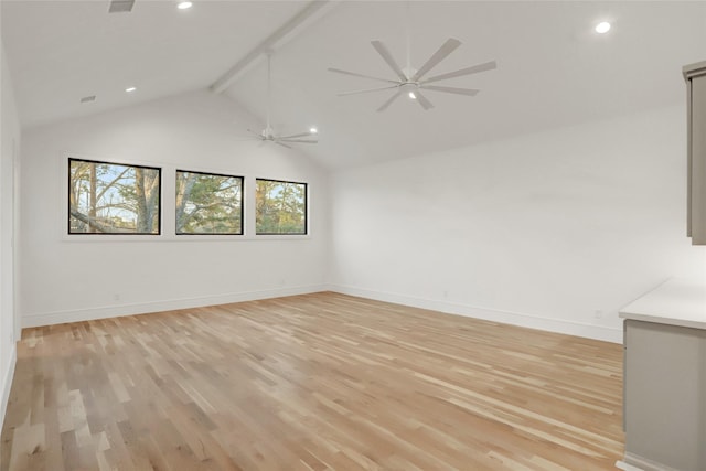 962 Lamonte Ln, Houston, TX 77018 - unfurnished room featuring light wood-style flooring, beam ceiling, ceiling fan, recessed lighting, and high vaulted ceiling