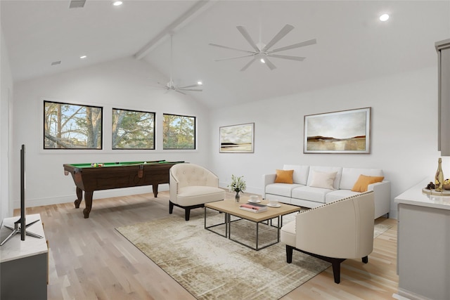 962 Lamonte Ln, Houston, TX 77018 - living area featuring billiards, light wood-style flooring, recessed lighting, beamed ceiling, and a ceiling fan