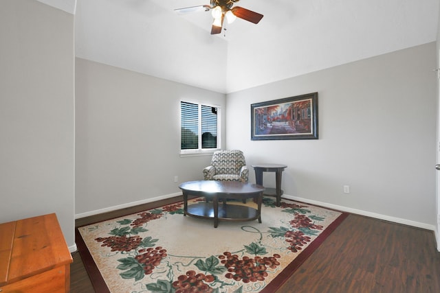2331 Fern Bend Ln, Katy, TX 77494 - living area with a ceiling fan, wood finished floors, and vaulted ceiling