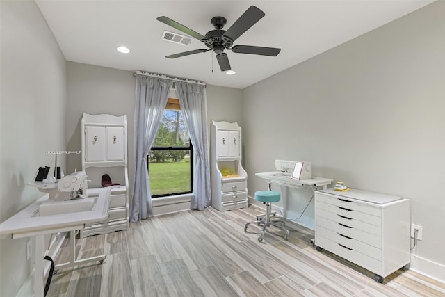 3319 Shadowcrest Ln, Spring, TX 77380 - office space featuring a ceiling fan, wood finished floors, and recessed lighting