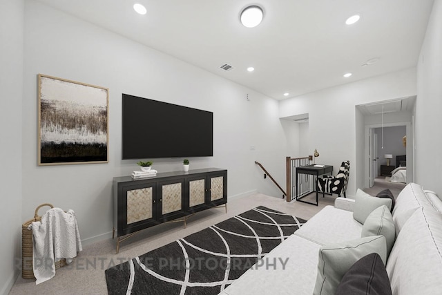 2722 Woodforest Pkwy N, Montgomery, TX 77316 - living area with attic access, carpet flooring, and recessed lighting