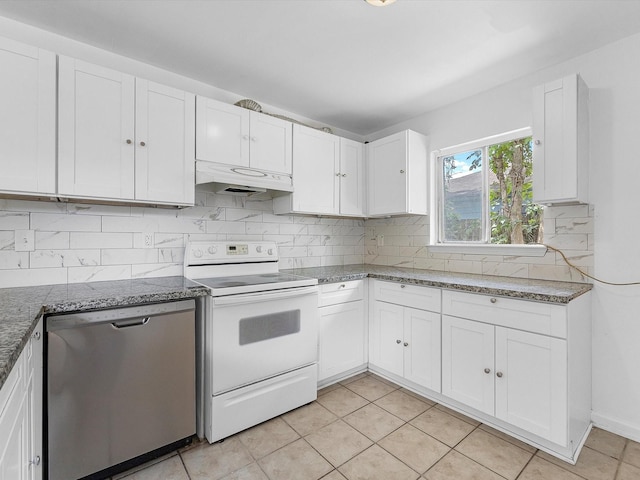 8161 Record St, Houston, TX 77028 - kitchen with stainless steel dishwasher, white electric range, custom exhaust hood, white cabinets, and tasteful backsplash