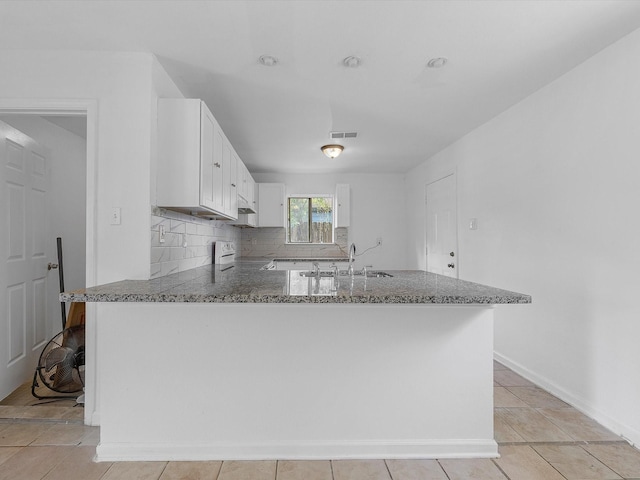 8161 Record St, Houston, TX 77028 - kitchen featuring a peninsula, white cabinets, light stone countertops, tasteful backsplash, and white electric range oven
